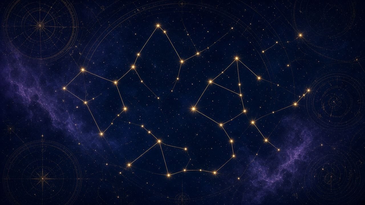 Golden constellations glowing across a deep blue night sky