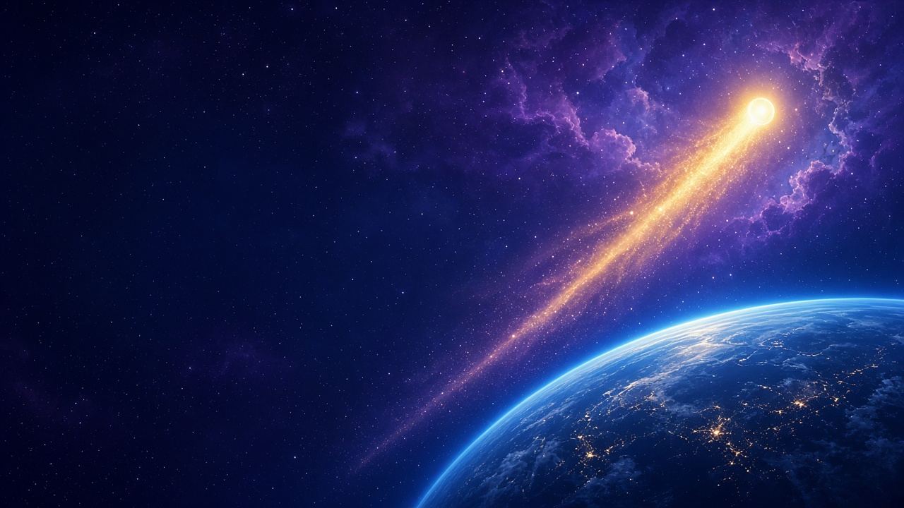 A glowing comet arcing over the curve of the Earth against a violet night sky
